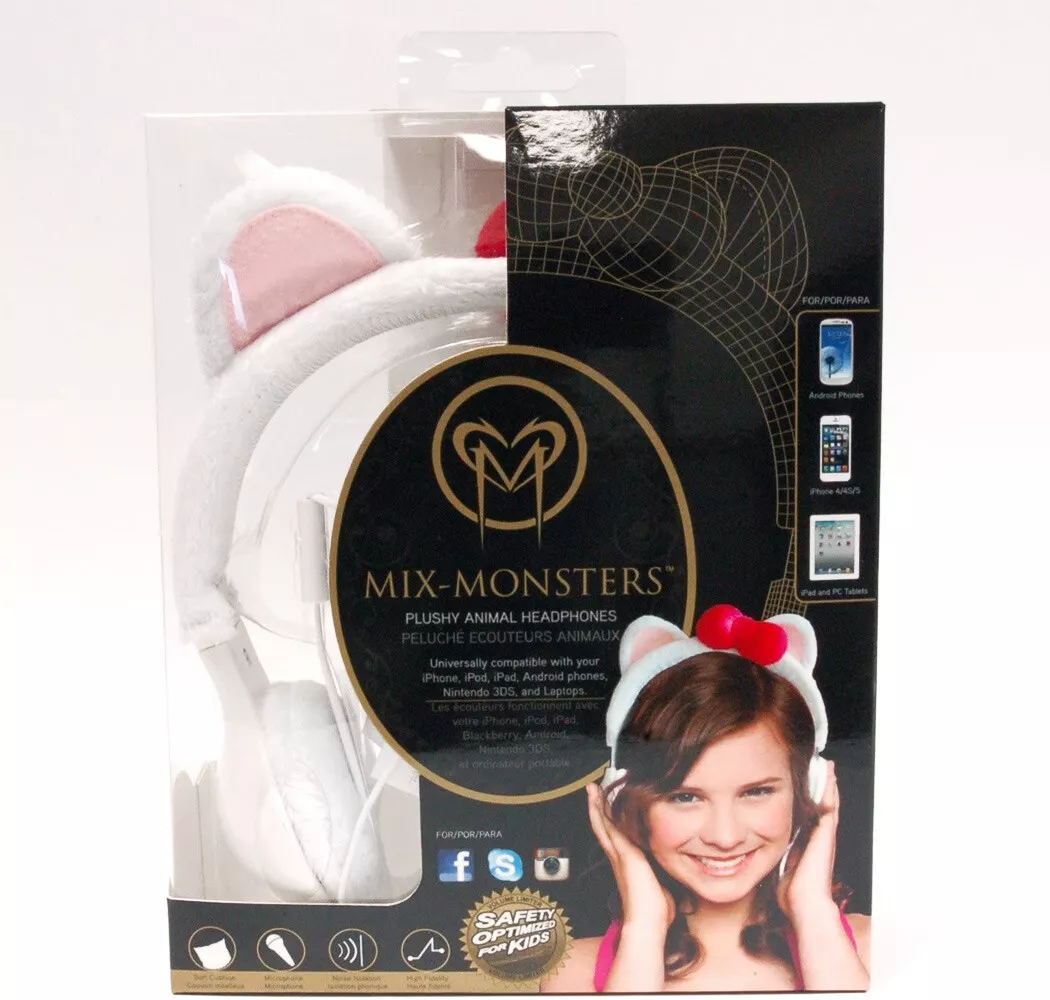 Mix Monsters Plushy Animal Headphones for Kids WHITE KITTEN with RED Bow