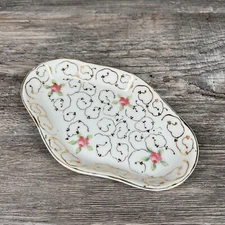 An Irice Hand Painted Porcelain Floral Covered Vanity Dish Victorian Decor 7”
