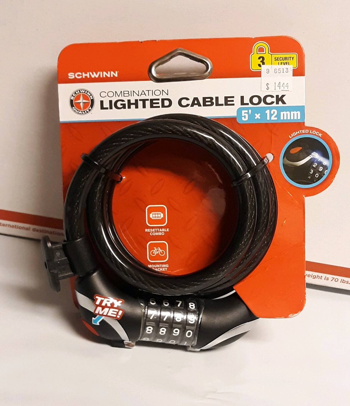 Schwinn 5'x12mm Combo Lighted Cable Bike Lock Resettable 3 Security