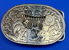 Vintage Covered Wagon Caravan Flower Swirl Ornate Western Explorers Belt Buckle