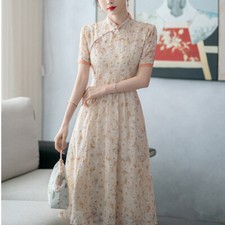 Women Embroidered Floral Midi Dress Short Sleeve Tunic Fit Flare Sweet Summer