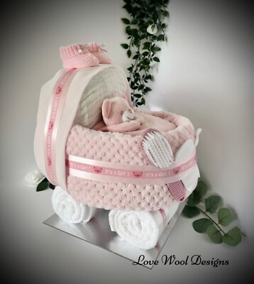 WINDELTORTE Kinderwagen Style, Baby Mädchen, Babyparty oder Umstandsgeschenk. Rosa