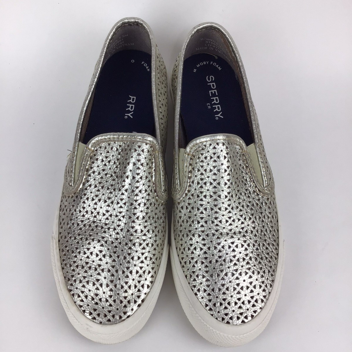 Sperry Women's Seaside Perforated Leather Sneaker Metallic Memory
