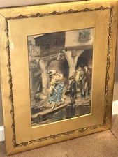PIERRE OUTIN  Little Beggar  lithographs coloured Print Art Picture Gold Frame