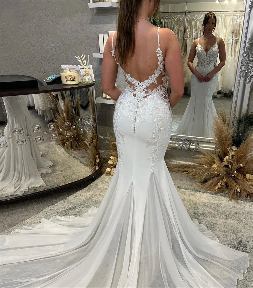 Sexy Vestidos de Novia Sirena Cuello en V Profundo Correa Sin Espalda Blanco Marfil Vestido de Novia Foto 3 de 4