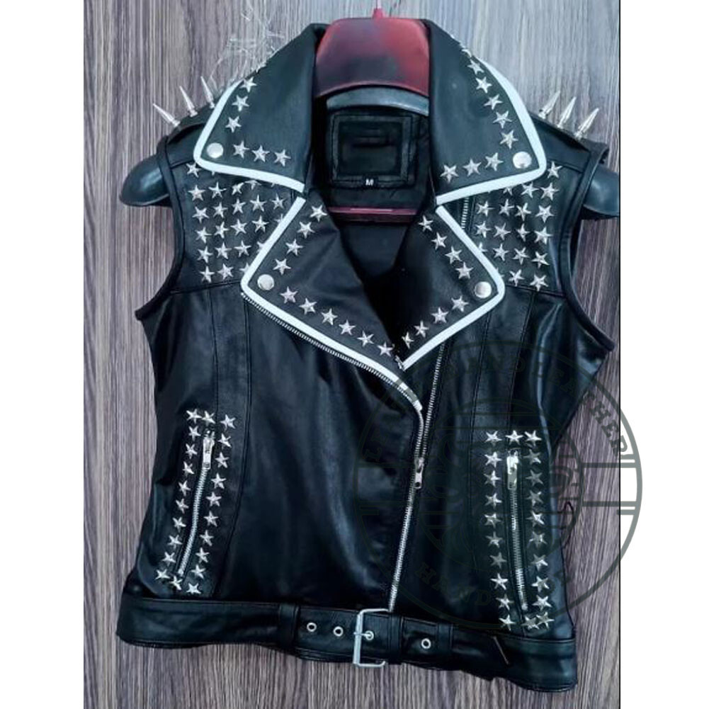 Star-Studded Women’s White Piping Leather Biker Jacket