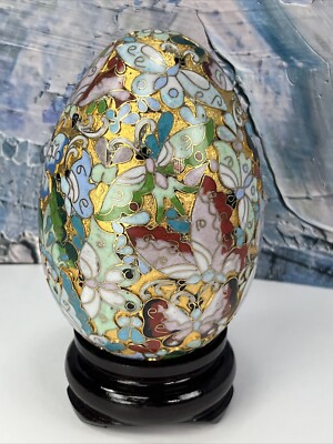 Cloisonne Egg With Stand  6 1/2 in height Butterflies And Flowers blue pink gold