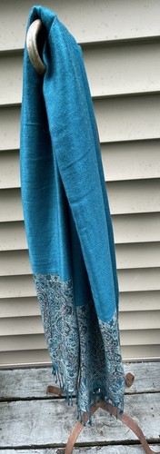 Pashmina Scarf Shawl Wrap Teals & Browns w Fringe 75”x26” - Picture 4 of 15