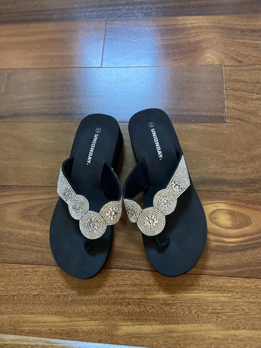 WOMEN S BLACK UNIONBAY FLIP FLOPS BLING RHINESTONES BORA BORA Size