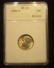 1949-D Roosevelt Dime TONED ANACS Soapbox Old White Holder MS 65