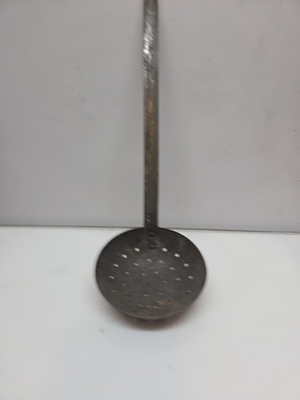 #ad Vintage Large Dipper Skimmer Soup Strainer Metal Great Patina $9.99