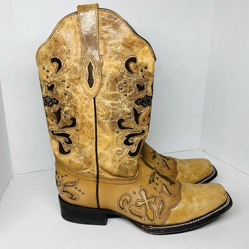 STIVALI DA COWBOY CORRAL CROSS OVERLAY BORCHIE SABBIA INVECCHIATA PUNTA APERTA LINEA DONNA TAGLIA 12