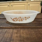 Vintage Glasbake Autumn Leaf 1-qt Oval Casserole Dish Bowl USA Milk glass No Lid
