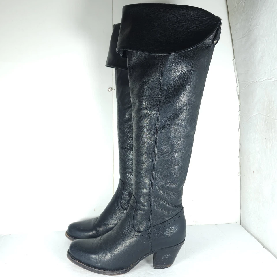 Frye Women's Jane US6,5B Black Leather Fold Over Pull On Knee High Riding Boots  - Image 2 of 4