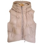 Beige Puffer Vest Womens M Hooded Sleeveless Faux Vegan Leather Quilted Neutral