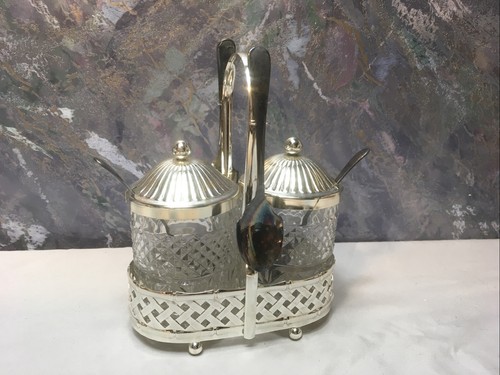 Vintage Wexford Glas Gewürze/Gelee Glas mit Silber Teller Deckel, Löffel & Tablett - Bild 3 von 12