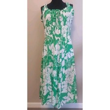 Kate Kasin Green White Floral Elastic Waist Ruffled Shoulder Zip Dress Size L