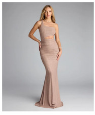 Windsor Giselle One-Shoulder Mermaid Glitter Formal Dress in Cream/Tan in S
