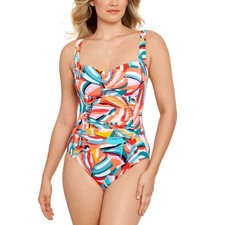 Swim Solutions PALM ART Shirred Tummy-Control One-Piece Swimsuit Size 10 Pink