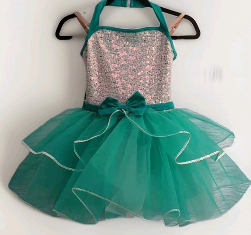 Weissman M Child Dance Costume Green Sequin Dress Ballet Layered Bow EC #64830