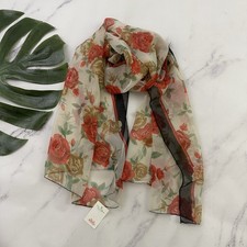 Womens Vintage 90s Rose Floral Scarf New Black Red Sheer Long Whimsygoth