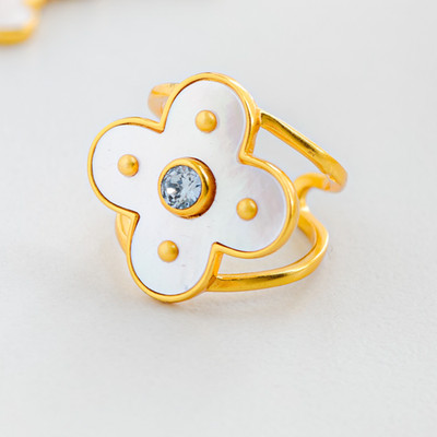 Women JV White Beimu Four Leaf Clover Sky Blue Crystal Open Ring Jewelry