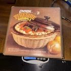 Vintage Pyrex Fireside Naturals 1.5 Qt Glass Casserole With Lid & Rattan Basket