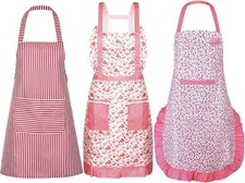 3 Pack Floral Aprons for Women with Pockets - Adjustable Waist Waterproof Kitche