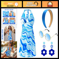 4 Pcs Women's 70s 60s Hippie Costume Retro Disco Outfit, Groovy Dress, Earring