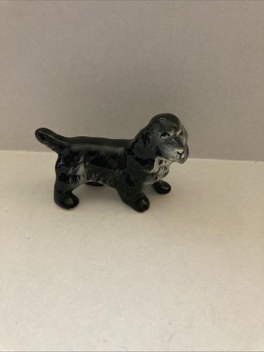 Ceramic Figurine PUPPY DOG Black & White  2" Tall 3.25" Long Vintage