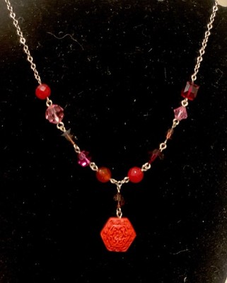 EMILY RAY Vtg. 90s Sterling Silver Red Crystal Bead  w/  Carved Cinnabar Pendant