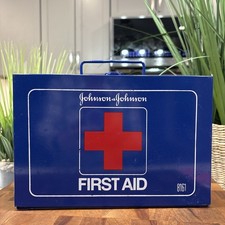 VINTAGE WALL MOUNT JOHNSON & JOHNSON FIRST AID KIT BLUE METAL BOX #8161