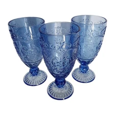 Set of 3 Pioneer Woman Amelia 14.7-Ounce Glass Goblet Cobalt Blue Embossed EUC