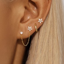 3PCS Stainless Steel Zircon Flower Star Ear Stud Earrings Set 14K Gold Plated