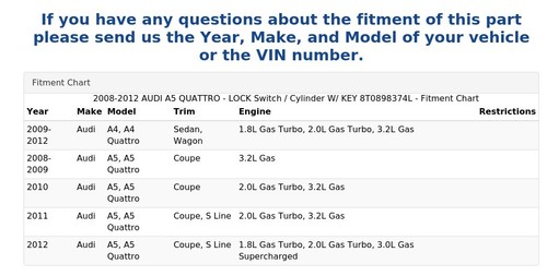 2008-2012 AUDI A5 QUATTRO - LOCK Switch / Cylinder W/ KEY 8T0898374L - Picture 5 of 5