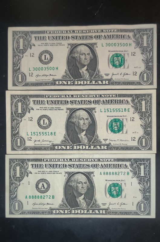 Lot of 3 $1 Federal Reserve Notes Series 2017A & 2021 Uncirculated