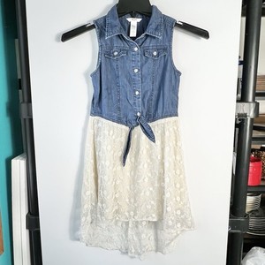 Guess Girls Size L Denim Lace Dress Sleeveless Chambray Tie Front **RUNS SMALL**