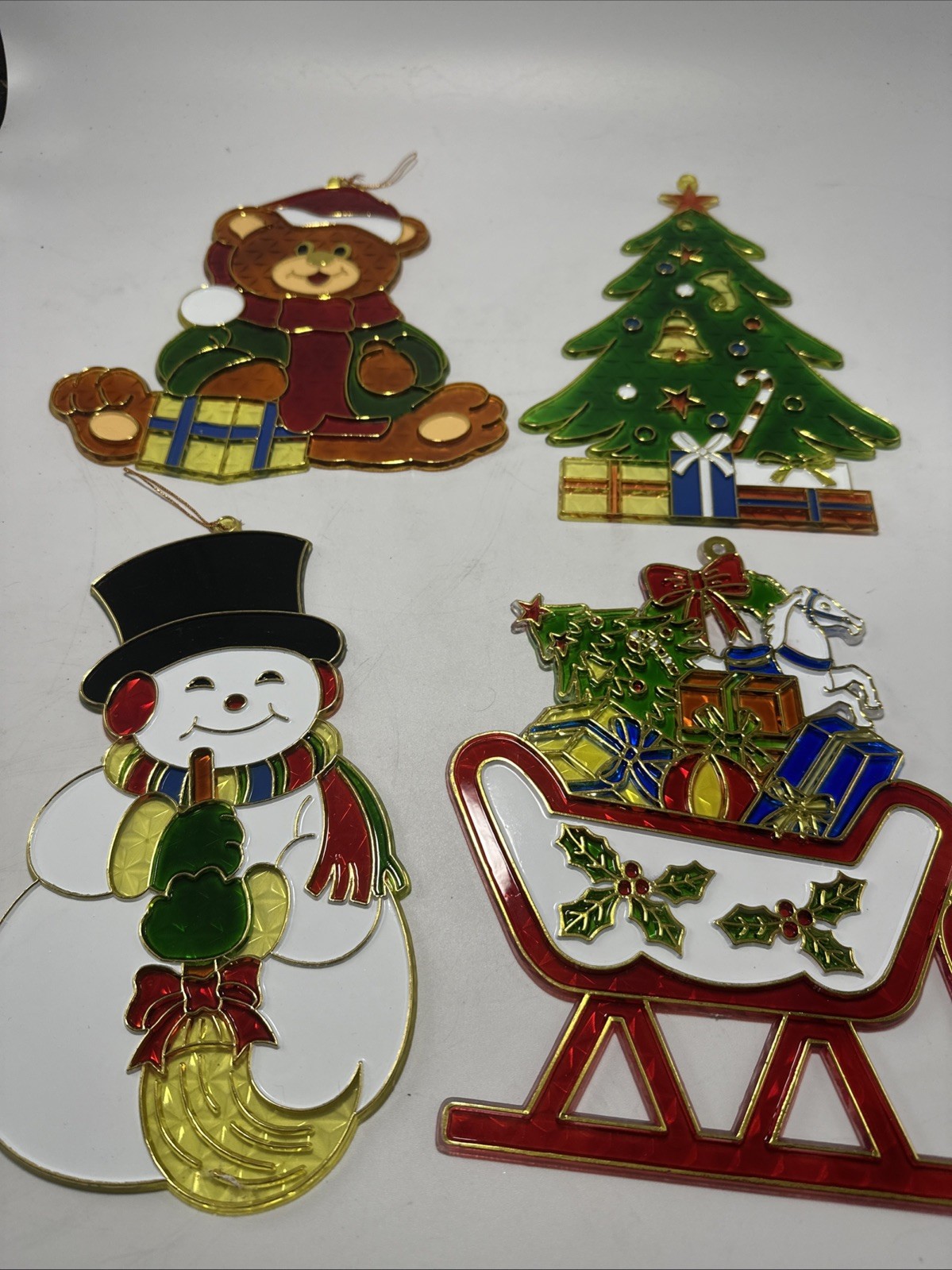 #2F-Lot  Of 4 Large Vintage Stained Glass Style Sun Catchers Christmas Ornaments