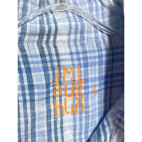 J McLaughlin Linen Button Down Blue White Plaid Shirt Mens Large Front Pocket - Picture 2 of 7