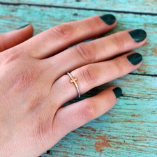 Sterling Silver 925 Cross Ring Sideways Cross Rose Gold Two Tone Tiny Ring R92