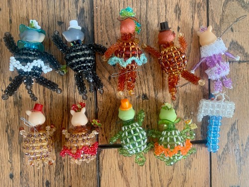 10-Vintage Kit Ornaments HAND-MADE Beaded Bodies Animal Head Christmas Hong Kong - Picture 2 of 20