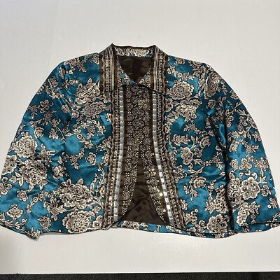 Vintage Women's Silk Jacket Blazer Sz L Open Front Turquoise - Main Image