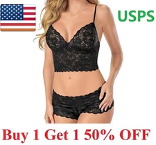 Women Sexy Lace Lingerie Bralette Bra Set Thong Pajamas Nightwear Sleepwear..