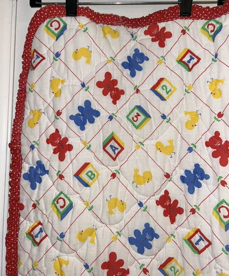 VTG RIEGEL Baby Quilt Colorful Bears Chicks ABC Blocks Red Polka Dot ...