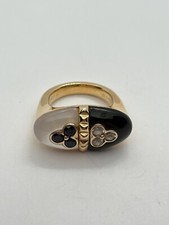 STERLING SILVER MOTHER OF PEARL ONYX STAMPED ABSTRACT DESIGN RING SIZE 6 7.2g