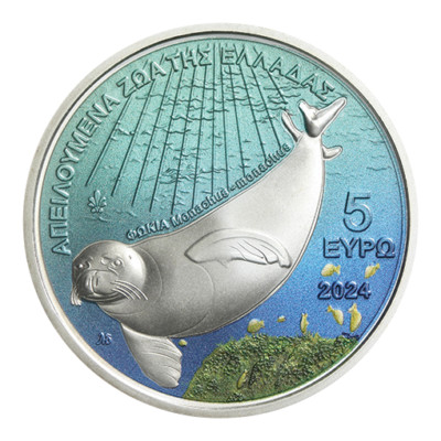 アザラシの銀貨 ギリシャ2024年 5ユーロ記念 地中海モンクアザラシ Greece, 2024, 5 Euro Coin, Silver, BU, Monk Seal! First of the
