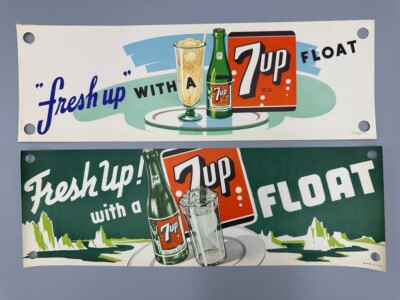 2 1948 7UP Soda ICE CREAM FLOAT Paper Banner SIGN Vintage Fountain Advertising