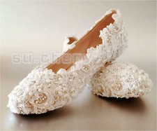 su.cheny Ivory white pearl lace genuine Leather flat Wedding Bridal bride shoes