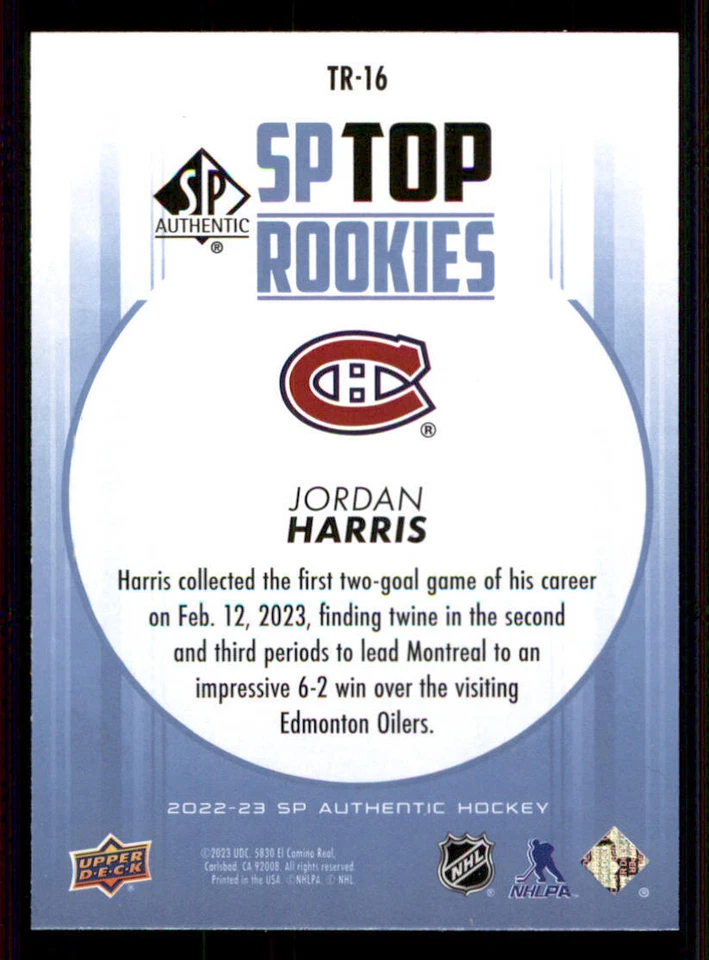 2022-23 SP Authentic Top Rookies Blue #TR16 Jordan Harris - Image 2 of 2