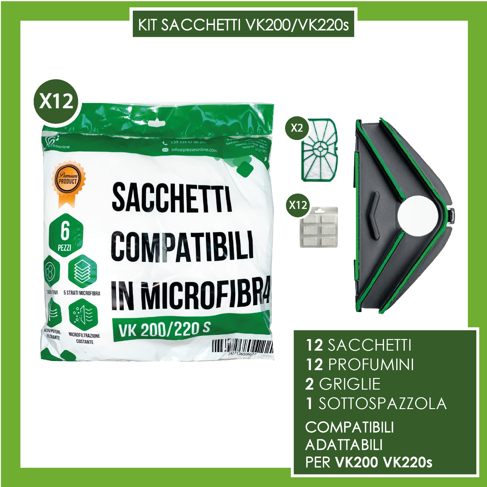 VORWERK FOLLETTO  VK200 VK 220s 12 SACCHETTI 12 PROFUMI 2 GRIGLIE 1 SETOLA